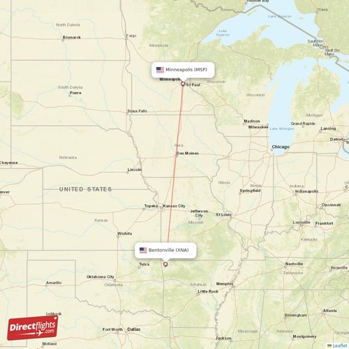 Bentonville - Minneapolis direct flight map