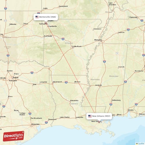 Bentonville - New Orleans direct flight map