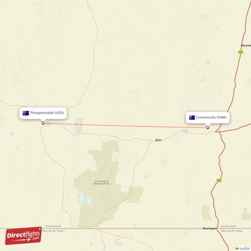 Thargomindah - Cunnamulla direct flight map