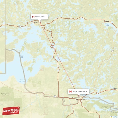 Fort Frances - Kenora direct flight map