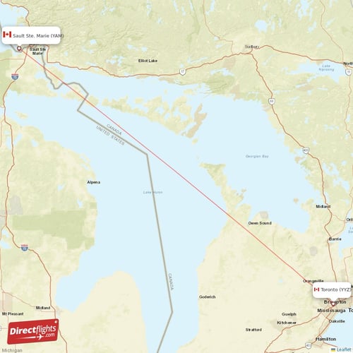 Sault Ste. Marie - Toronto direct flight map