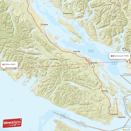 Tofino - Vancouver direct flight map