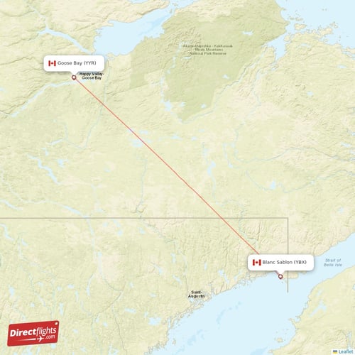 Blanc Sablon - Goose Bay direct flight map