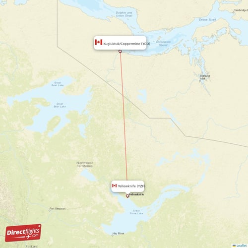 Kugluktuk/Coppermine - Yellowknife direct flight map