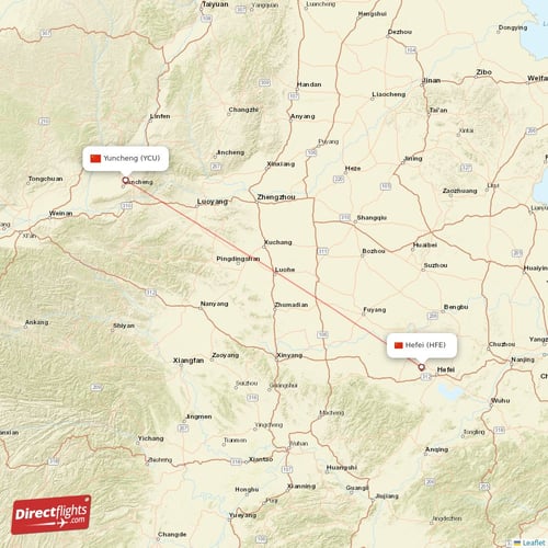 Yuncheng - Hefei direct flight map