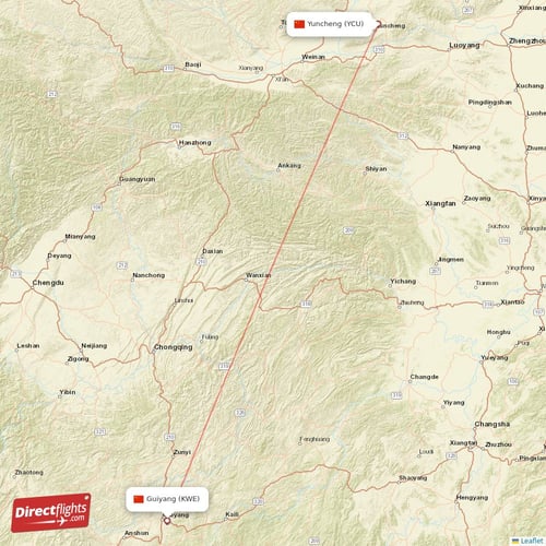 Yuncheng - Guiyang direct flight map