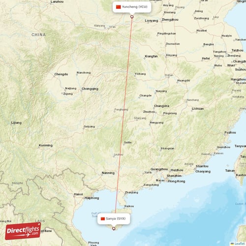 Yuncheng - Sanya direct flight map