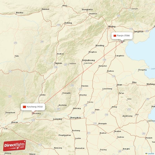 Yuncheng - Tianjin direct flight map