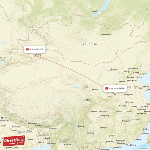 Yuncheng - Urumqi direct flight map