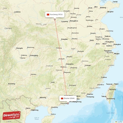 Yuncheng - Zhuhai direct flight map