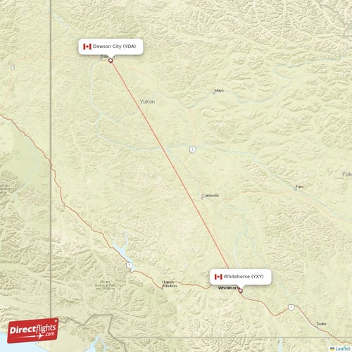 Dawson City - Whitehorse direct flight map