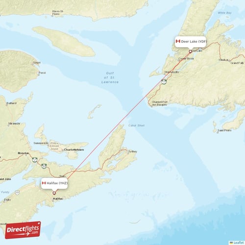 Deer Lake - Halifax direct flight map