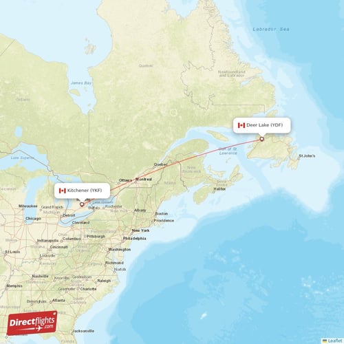 Deer Lake - Kitchener direct flight map