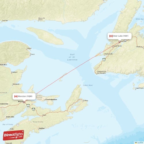 Deer Lake - Moncton direct flight map