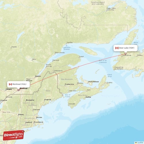 Deer Lake - Montreal direct flight map