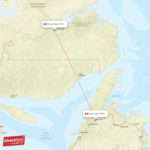 Deer Lake - Goose Bay direct flight map