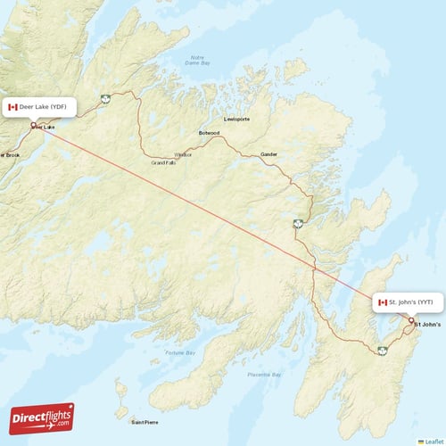 Deer Lake - St. John's direct flight map