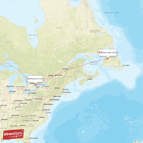 Deer Lake - Toronto direct flight map