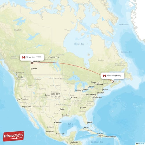 Edmonton - Moncton direct flight map