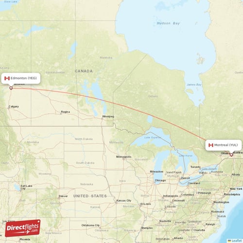 Edmonton - Montreal direct flight map