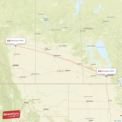 Edmonton - Winnipeg direct flight map