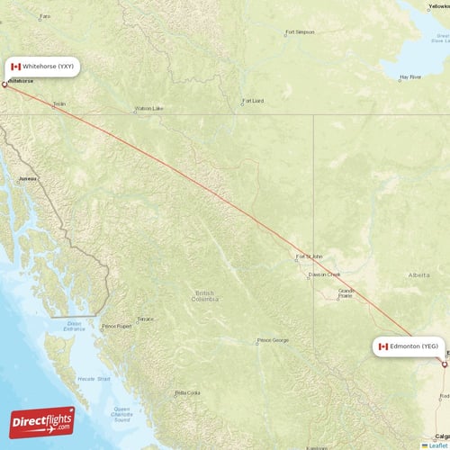 Edmonton - Whitehorse direct flight map