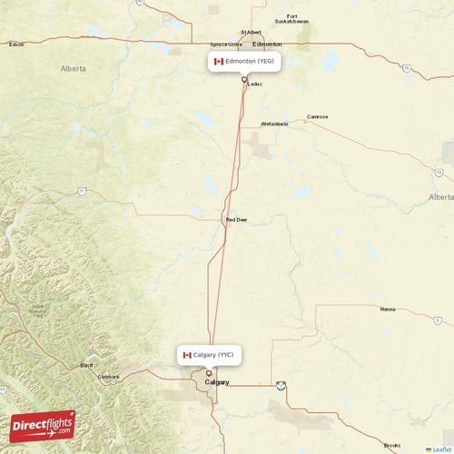 Edmonton - Calgary direct flight map