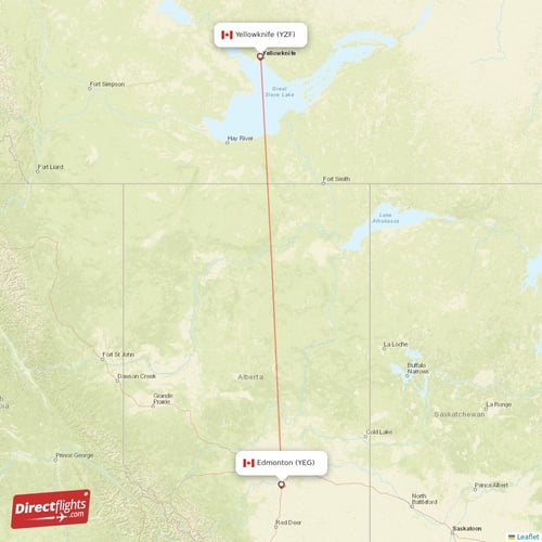 Edmonton - Yellowknife direct flight map