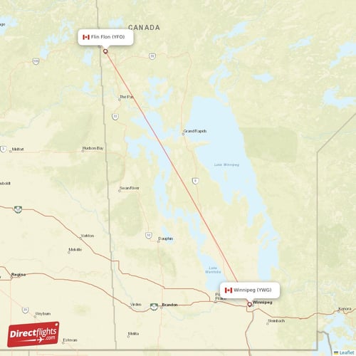 Flin Flon - Winnipeg direct flight map