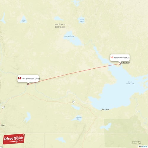Fort Simpson - Yellowknife direct flight map