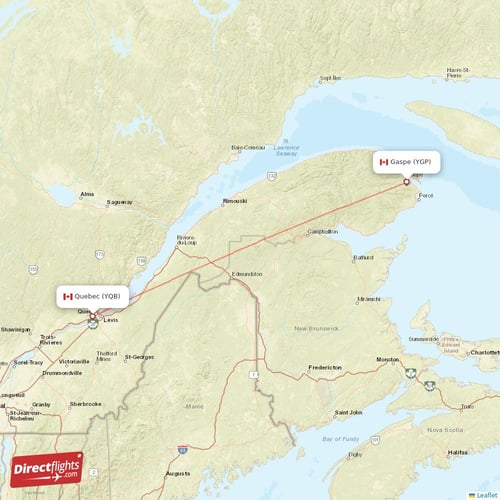Gaspe - Quebec direct flight map