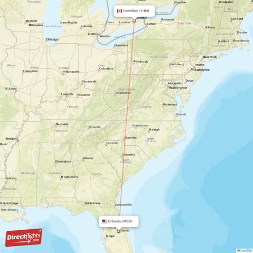 Hamilton - Orlando direct flight map