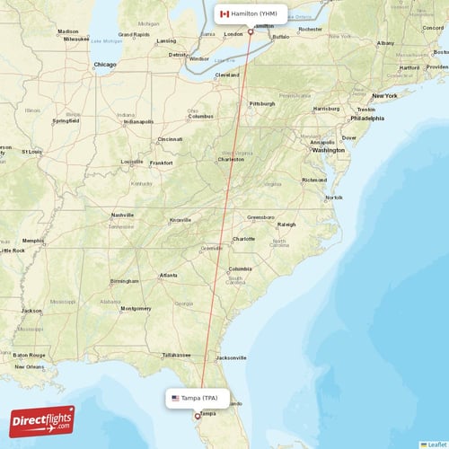 Hamilton - Tampa direct flight map
