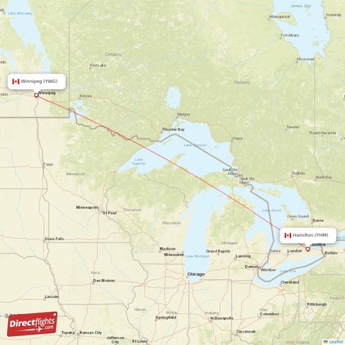 Hamilton - Winnipeg direct flight map