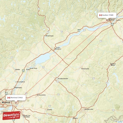 Montreal - Quebec direct flight map