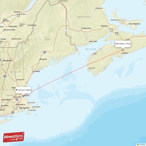 Halifax - Boston direct flight map