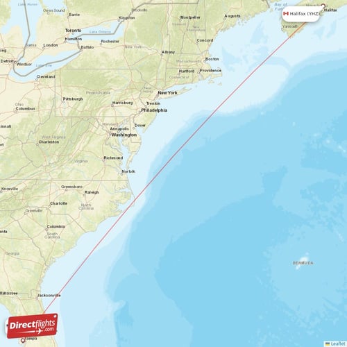 Halifax - Tampa direct flight map