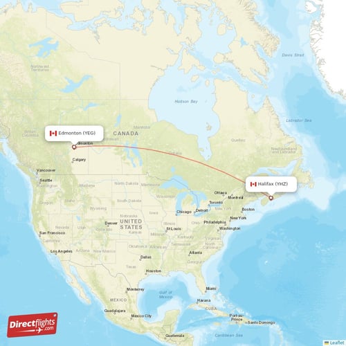 Halifax - Edmonton direct flight map
