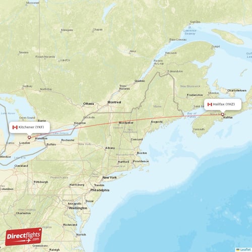 Halifax - Kitchener direct flight map