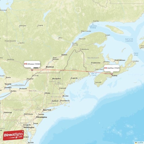 Halifax - Ottawa direct flight map