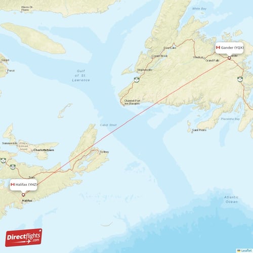 Halifax - Gander direct flight map