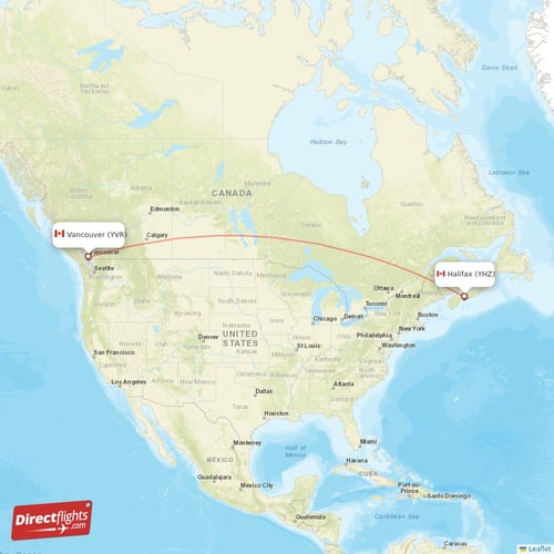 Halifax - Vancouver direct flight map