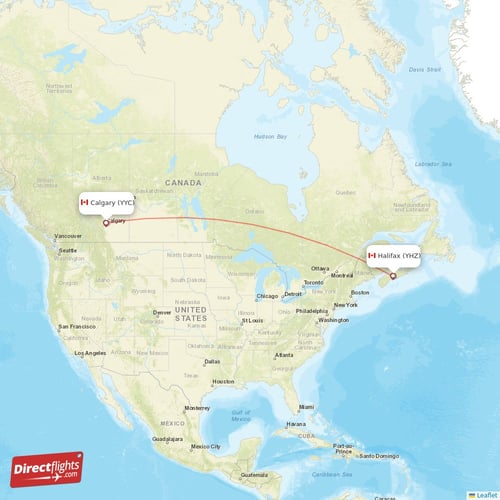 Halifax - Calgary direct flight map