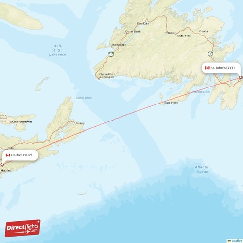 Halifax - St. John's direct flight map