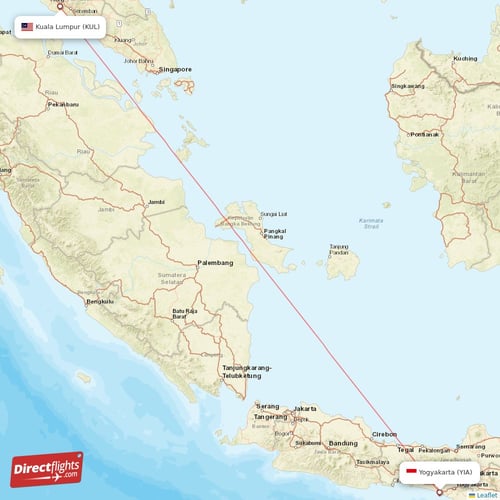 Yogyakarta - Kuala Lumpur direct flight map
