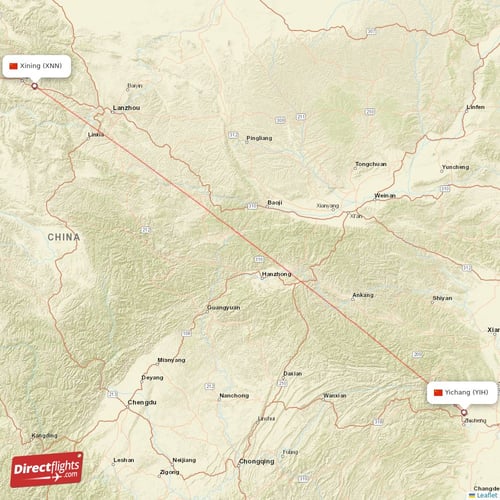Yichang - Xining direct flight map