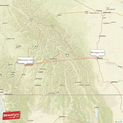 Kamloops - Calgary direct flight map