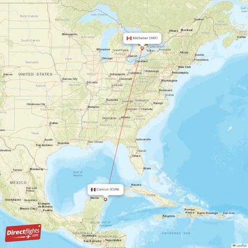 Kitchener - Cancun direct flight map