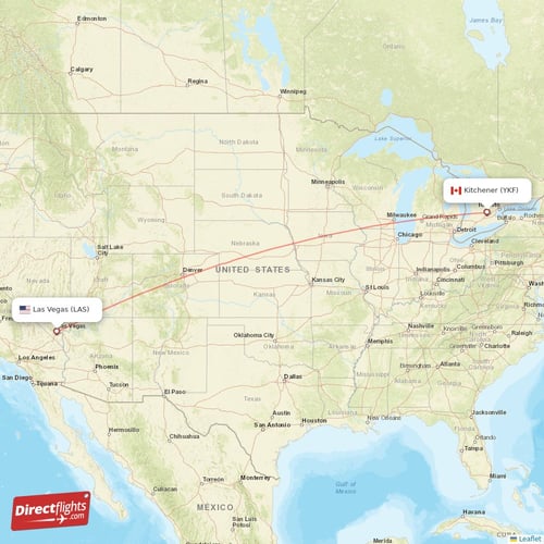 Kitchener - Las Vegas direct flight map