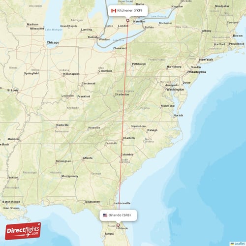 Kitchener - Orlando direct flight map
